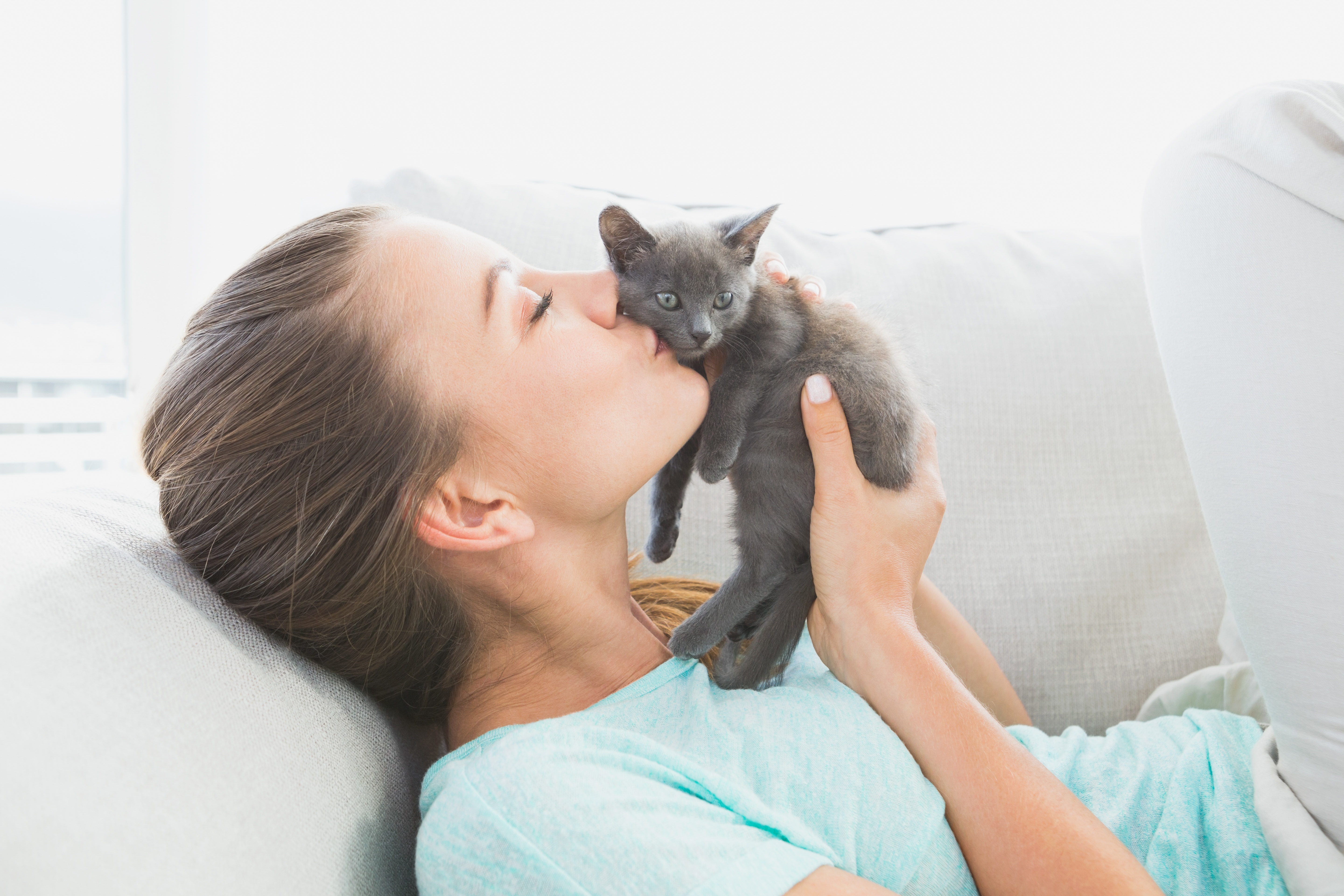 Frau schmust mit Kätzchen Frau küsst Kitten