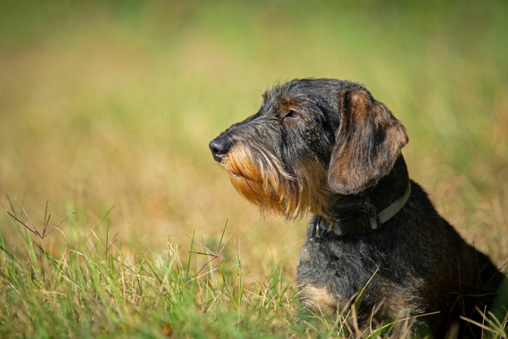 Dachshund miniatura sentado no campo.