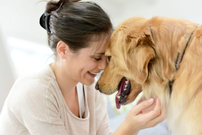 Portrait of woman with dog Adotar um cão: dona com o rosto junto do focinho do seu cão