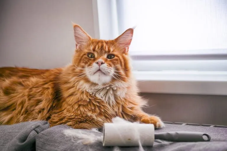 remover pelos de gato_1 maine coon com rolo de fita adesiva anti-pelos ao lado, no sofá
