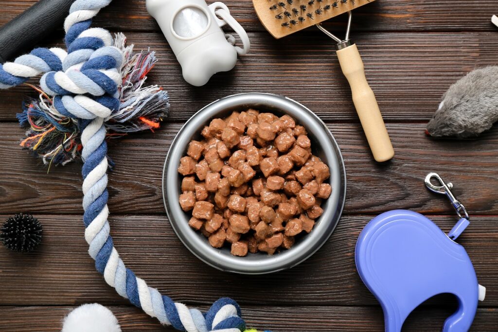 Comedouro com comida húmida e outros acessórios do equipamento básico para cães