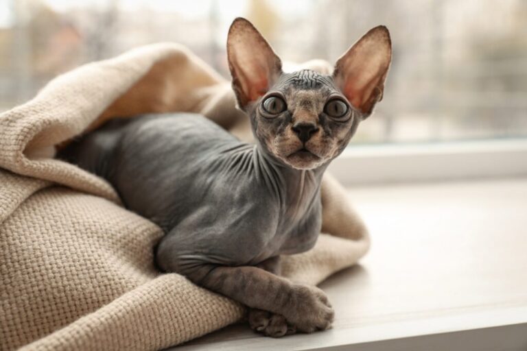 gatos sem pelo_1 gato sphynx bebé enrolado em manta com cabeça de fora