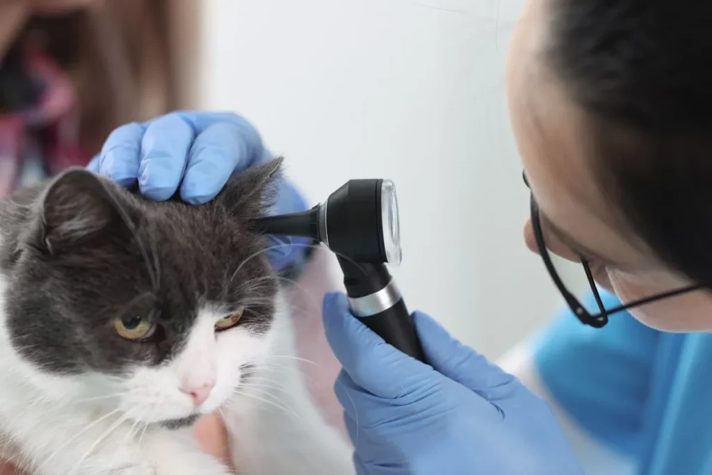 veterinário examina o ouvido de um gato